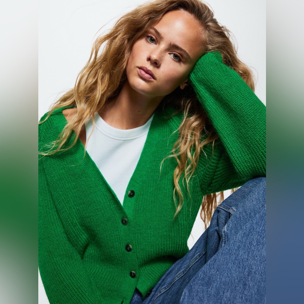 MANGO Green Button Down Sweater